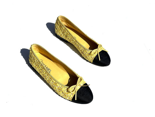 Chanel Yellow Tweed Black Cap Toe Ballerina Flats 39