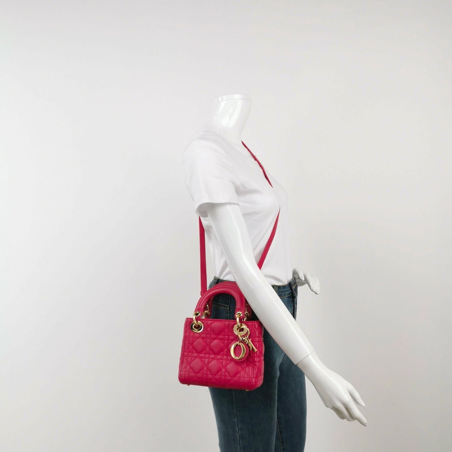 Dior Lady Fuchsia Handbag Cannage With Strap Leather Pink Travel Bag