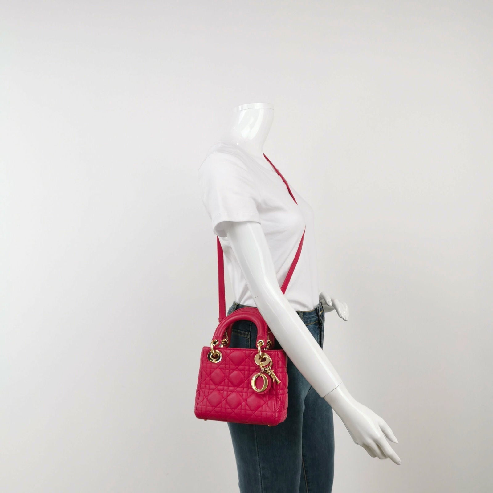 Dior Lady Fuchsia Handbag Cannage With Strap Leather Pink Travel Bag
