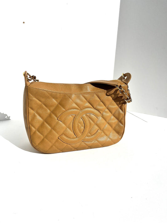Timeless Beige Quilted Caviar Hobo Bag Signature