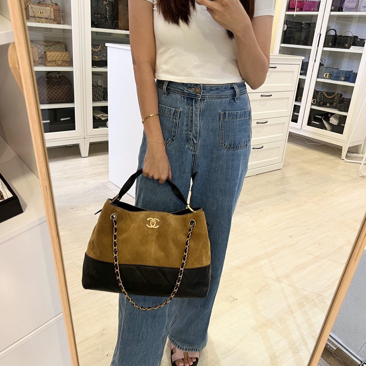 Chanel Two-Tone Tote Bag in Light Brown Suede, Black Calfskin and AGHW