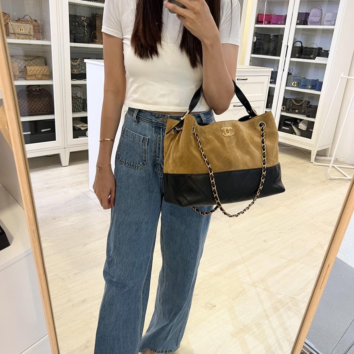 Chanel Two-Tone Tote Bag in Light Brown Suede, Black Calfskin and AGHW