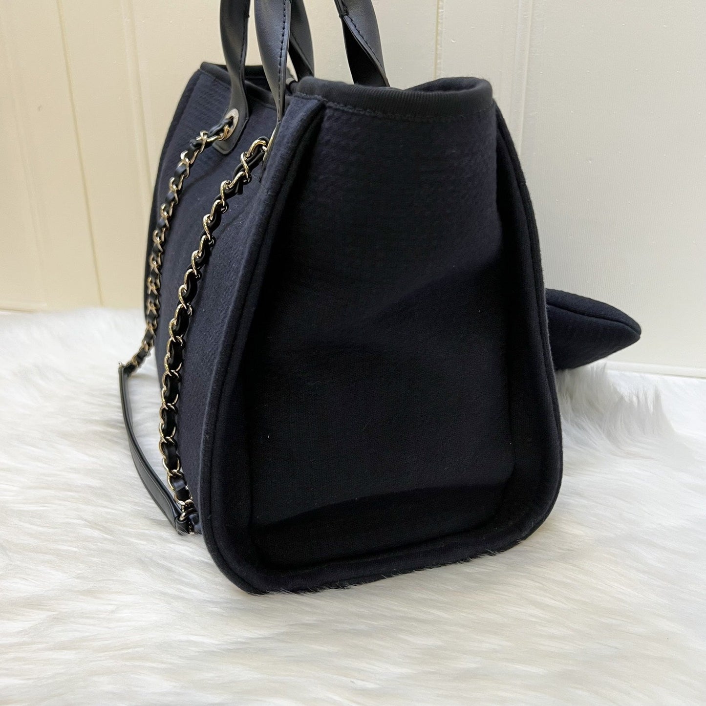 Chanel Medium Deauville Shopping Tote in Black Fabric, Black Leather and LGHW (Model: )