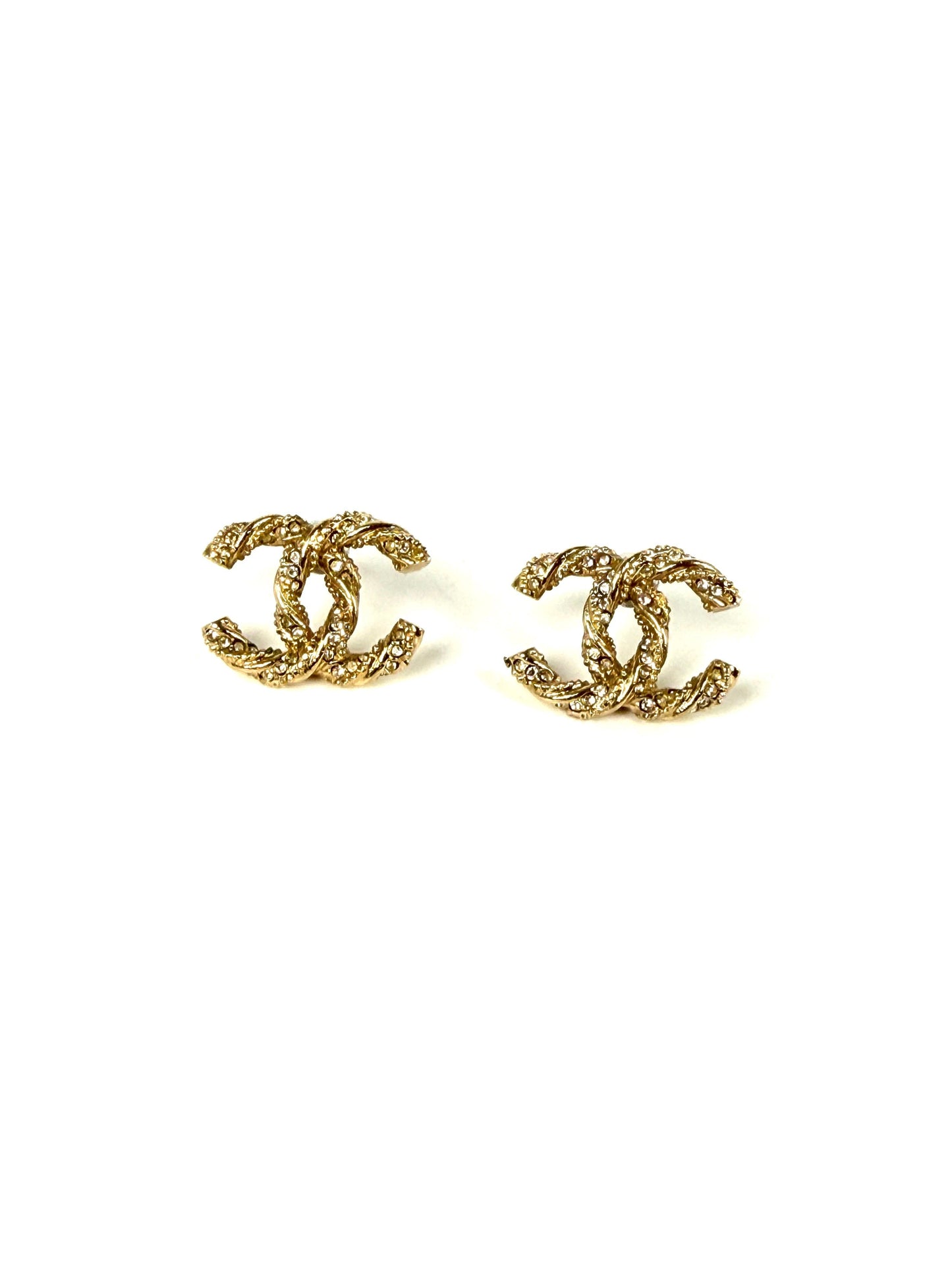 Chanel CC Stud Light Gold Twisted Rhinestone Earrings Jewelry
