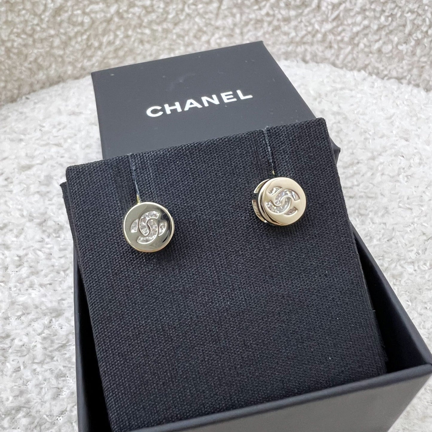 Chanel Mini Round Earrings with Crystal Studded CC Logo in LGHW Jewelry
