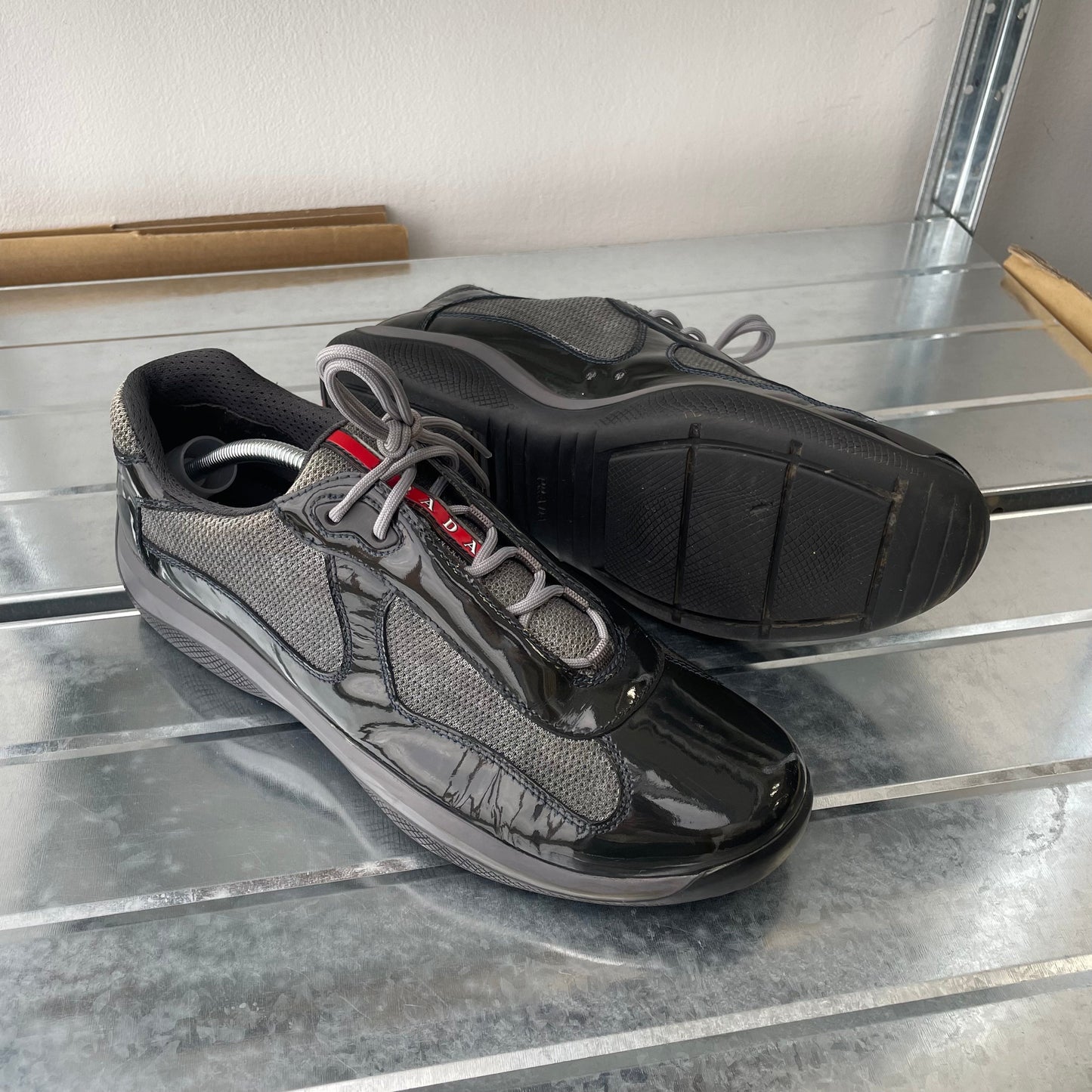 Prada Shoe Sport & Grey 00s Americas Cup Trainers Leather Patent Black Shoes