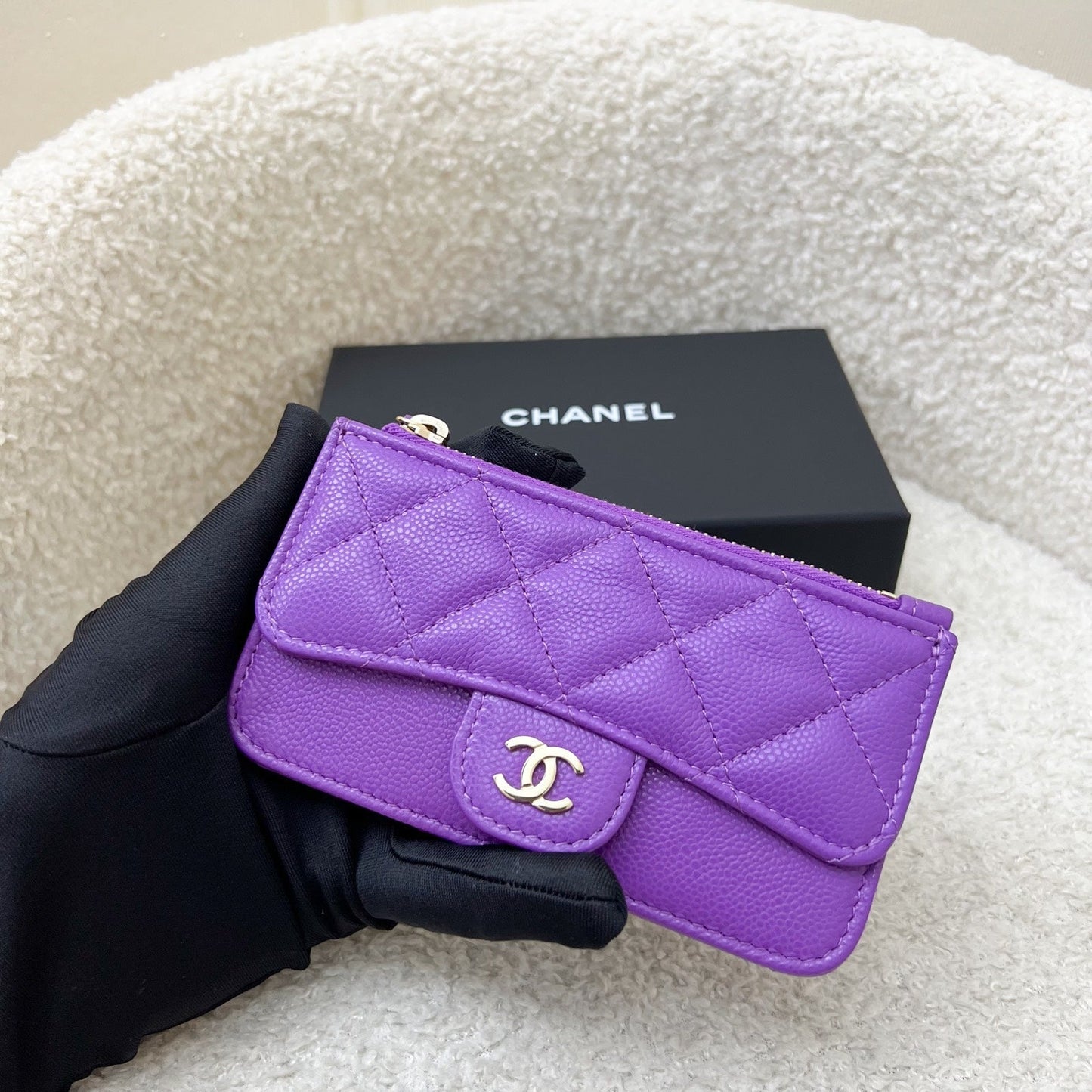 Chanel Snap Card Holder with Zipped Coin Compartment in Purple Caviar and LGHW