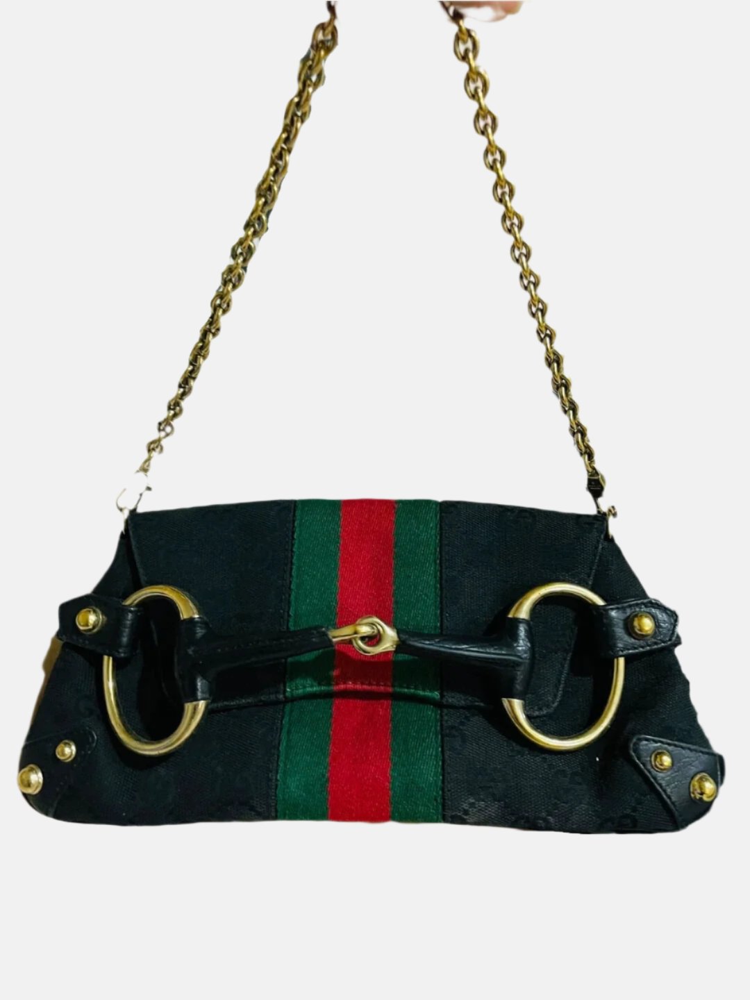 Gucci Horsebit Cloth Iconic Strip Monogram Black Chain Handbag