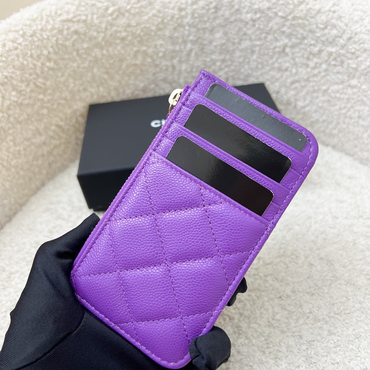 Chanel Snap Card Holder with Zipped Coin Compartment in Purple Caviar and LGHW