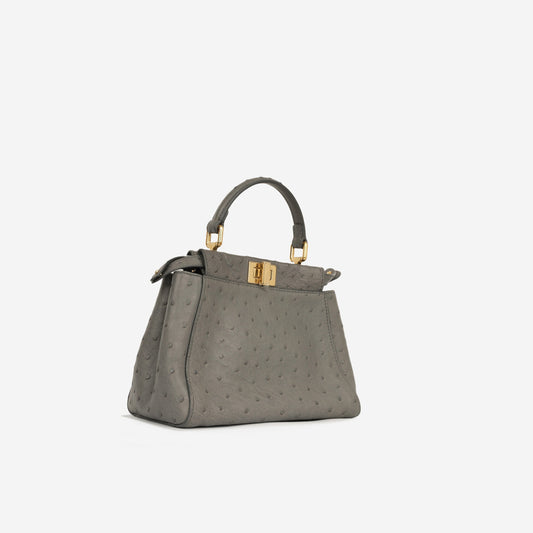 Fendi Peekaboo Grey Ostrich Tote Bag Gray Mini