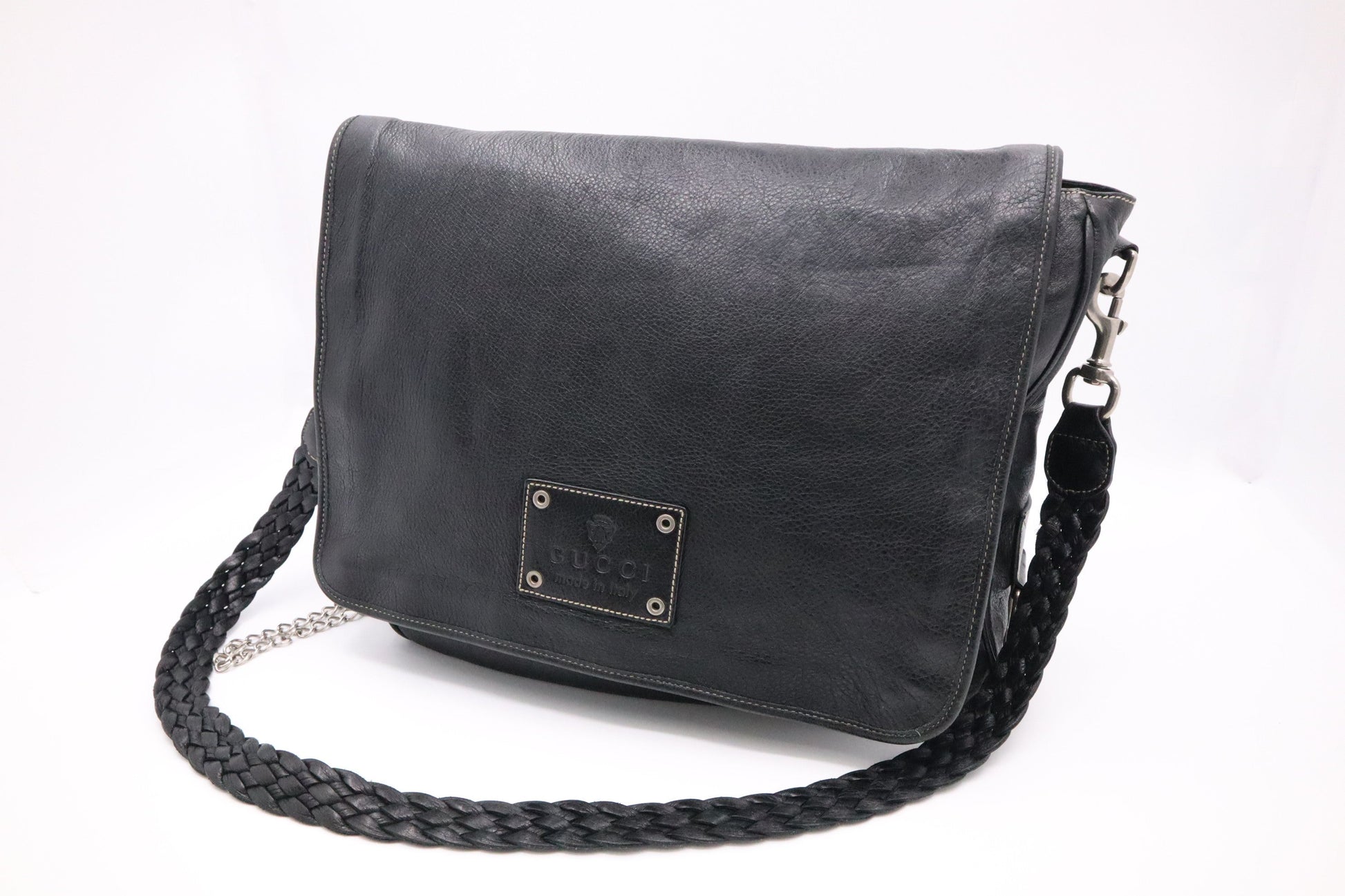 Gucci Crest Messenger Leather Black Chain Messenger Bag