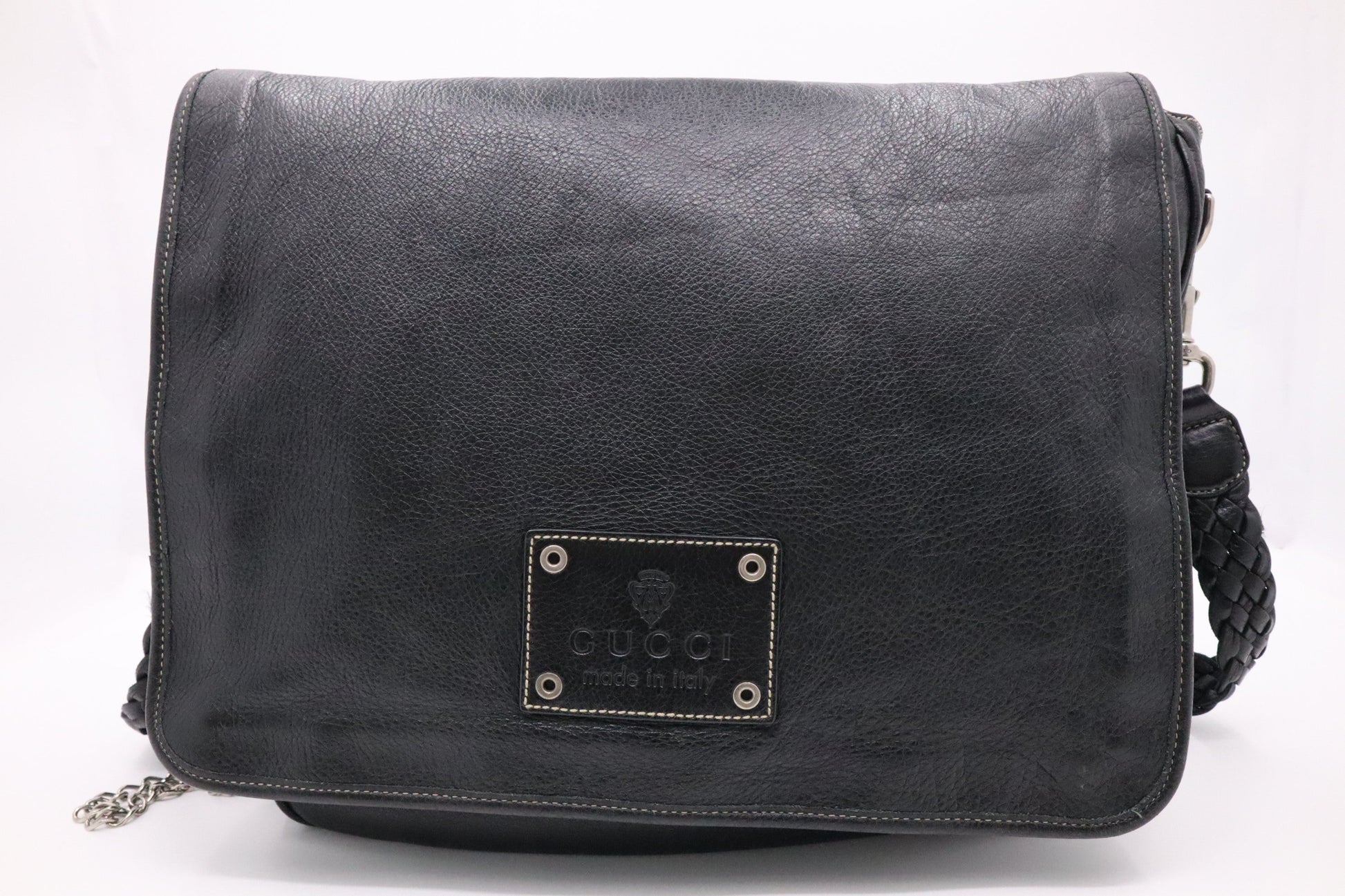 Gucci Crest Messenger Leather Black Chain Messenger Bag