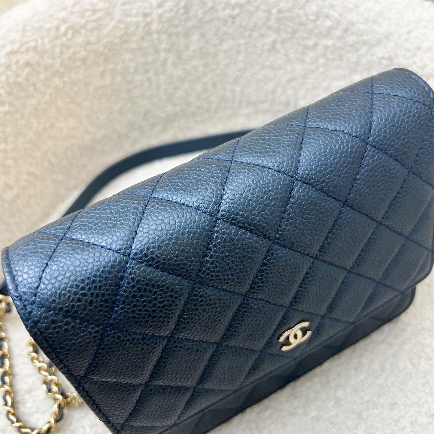Chanel Square Wallet on Chain WOC in Metallic Blue Caviar and LGHW (Model: ) Bag