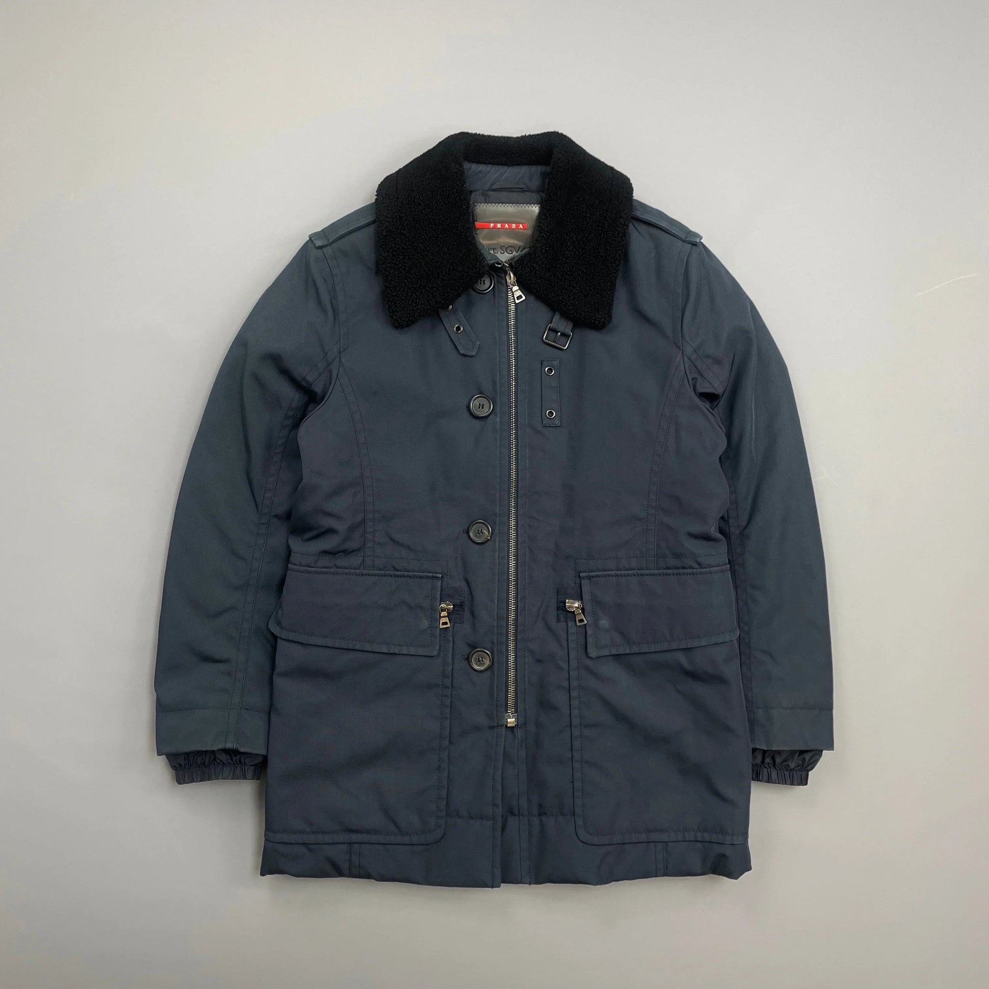 Prada Handbag Sport Sheep Fur Collar Utility Padded Overcoat Canvas Nylon Blue