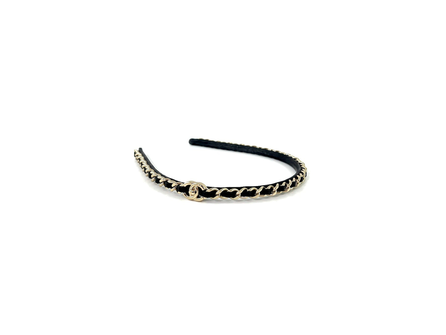 Chanel Hollywood Hills Black Chain Link Leather CC Logo Headband Accessory
