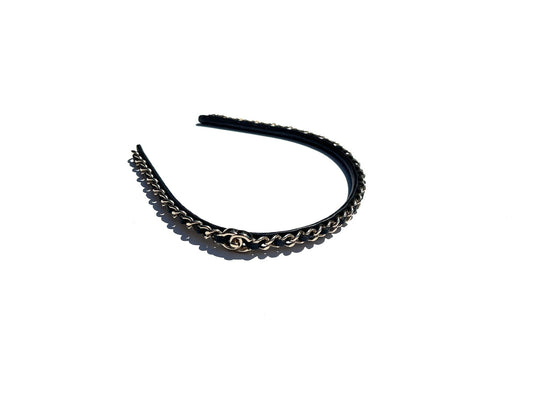 Chanel Hollywood Hills Black Chain Link Leather CC Logo Headband Accessory