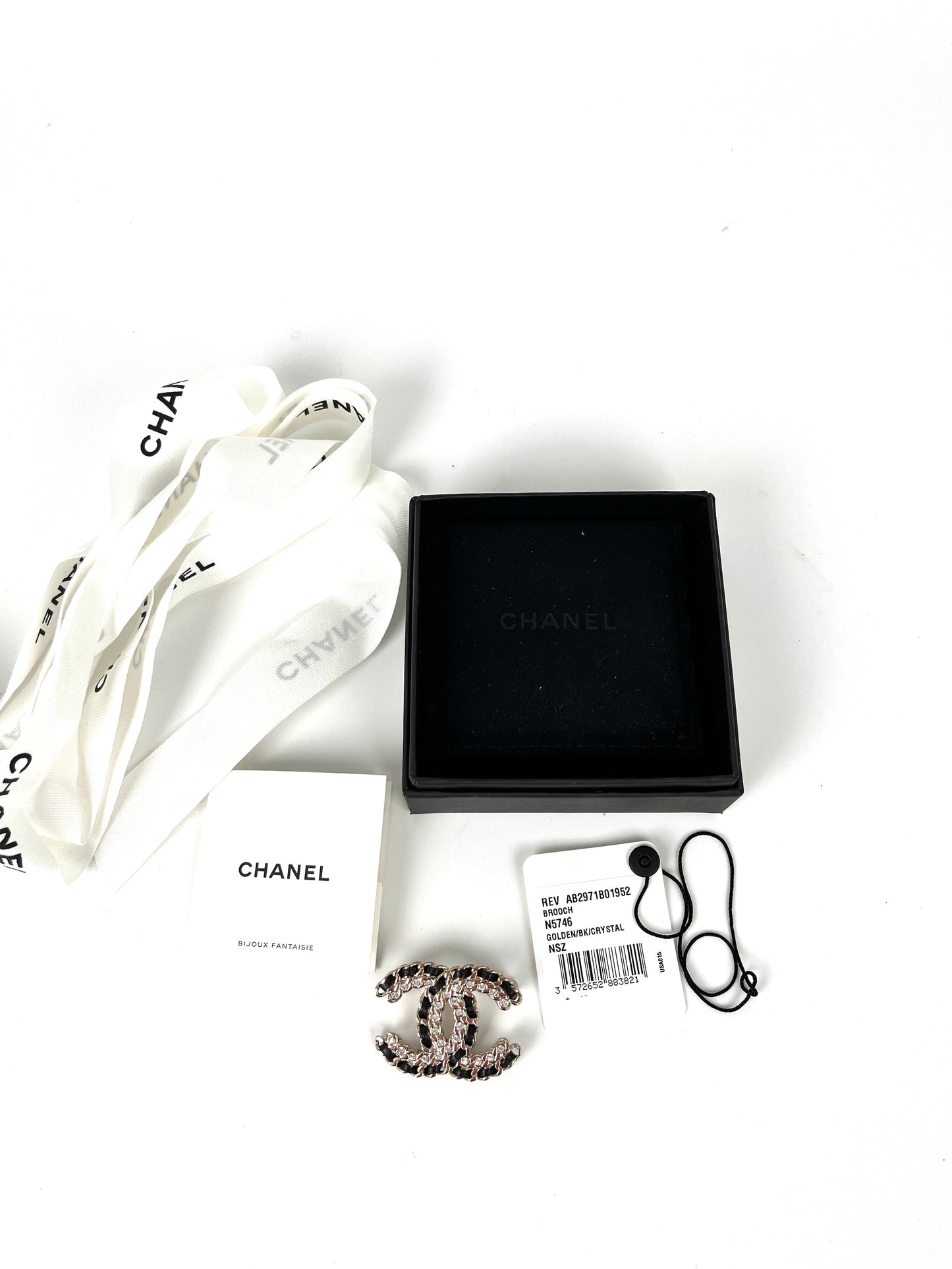 Chanel CC Logo Leather Crystal Gold Black Brooch Pin