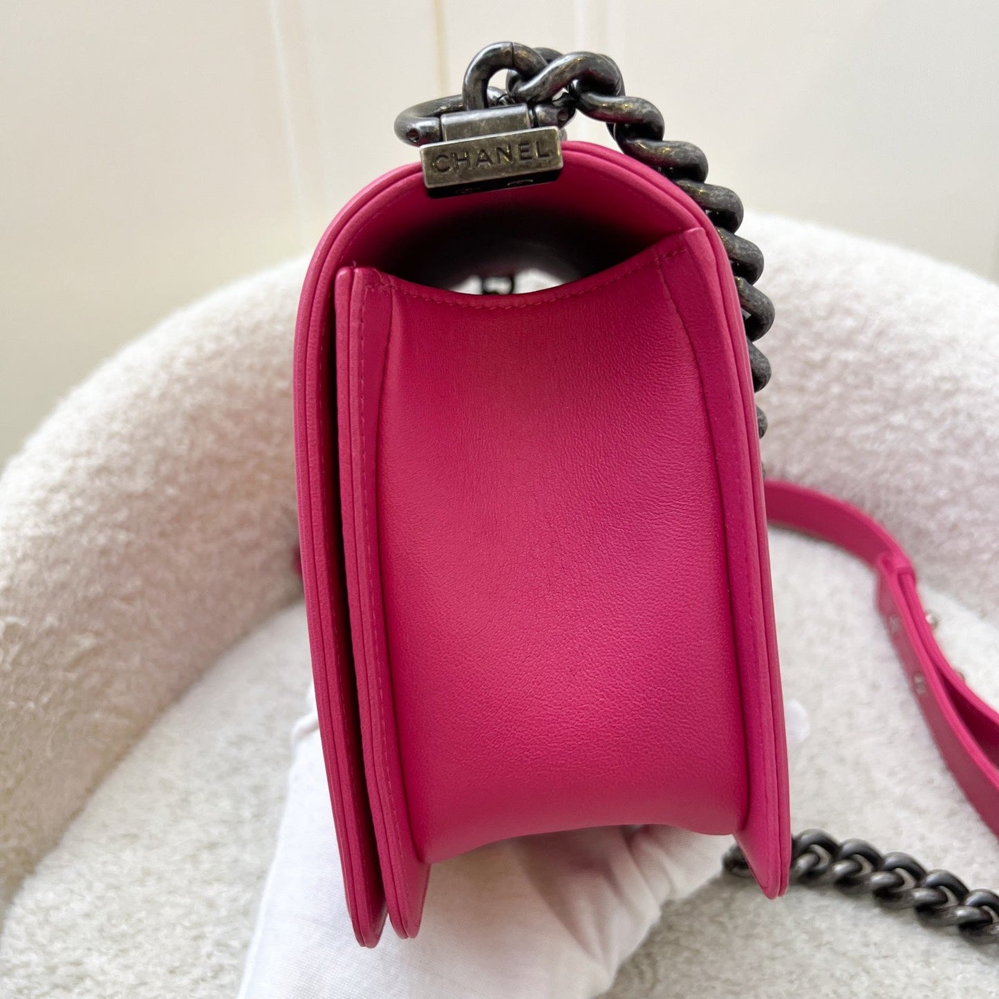 Chanel Medium Boy Flap in Hot Pink Lambskin and RHW Accessory
