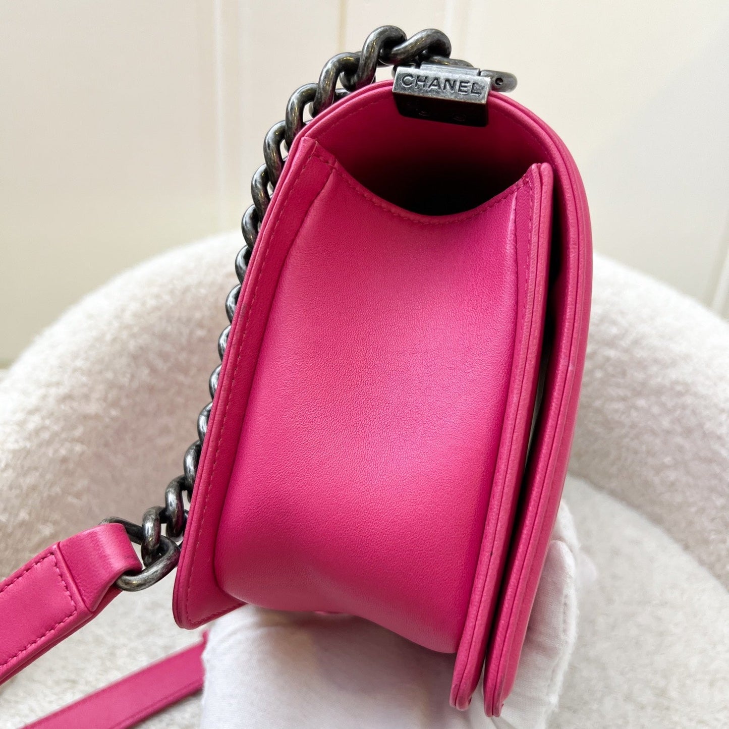Chanel Medium Boy Flap in Hot Pink Lambskin and RHW Accessory