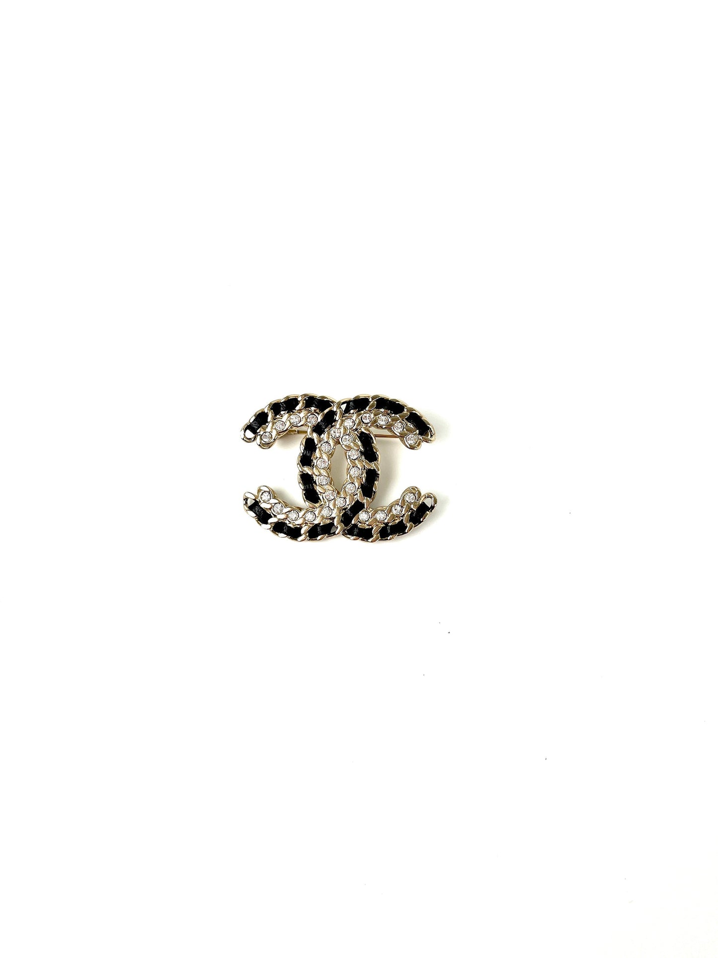 Chanel CC Logo Leather Crystal Gold Black Brooch Pin