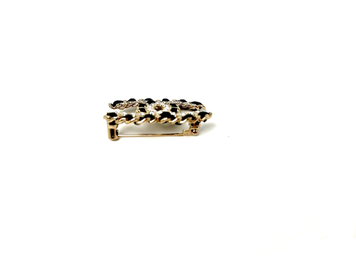 Chanel CC Logo Leather Crystal Gold Black Brooch Pin