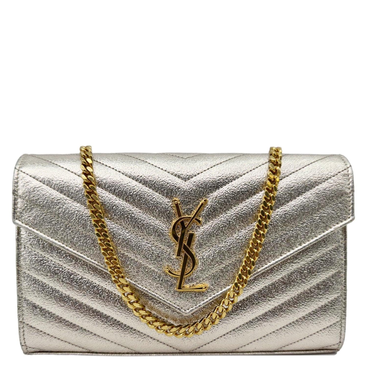 YSL Saint Laurent Yves Cassandre Metallic Grain De Poudre Shoulder Bag Leather Silver