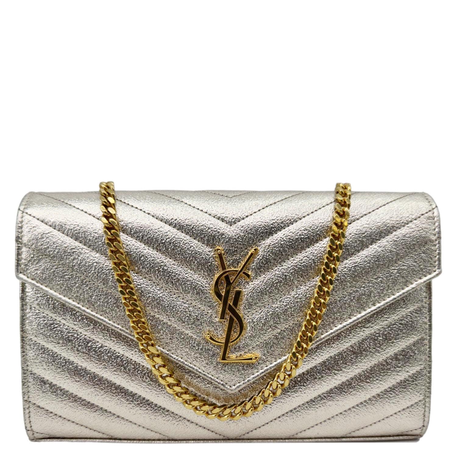 YSL Saint Laurent Yves Cassandre Metallic Grain De Poudre Shoulder Bag Leather Silver