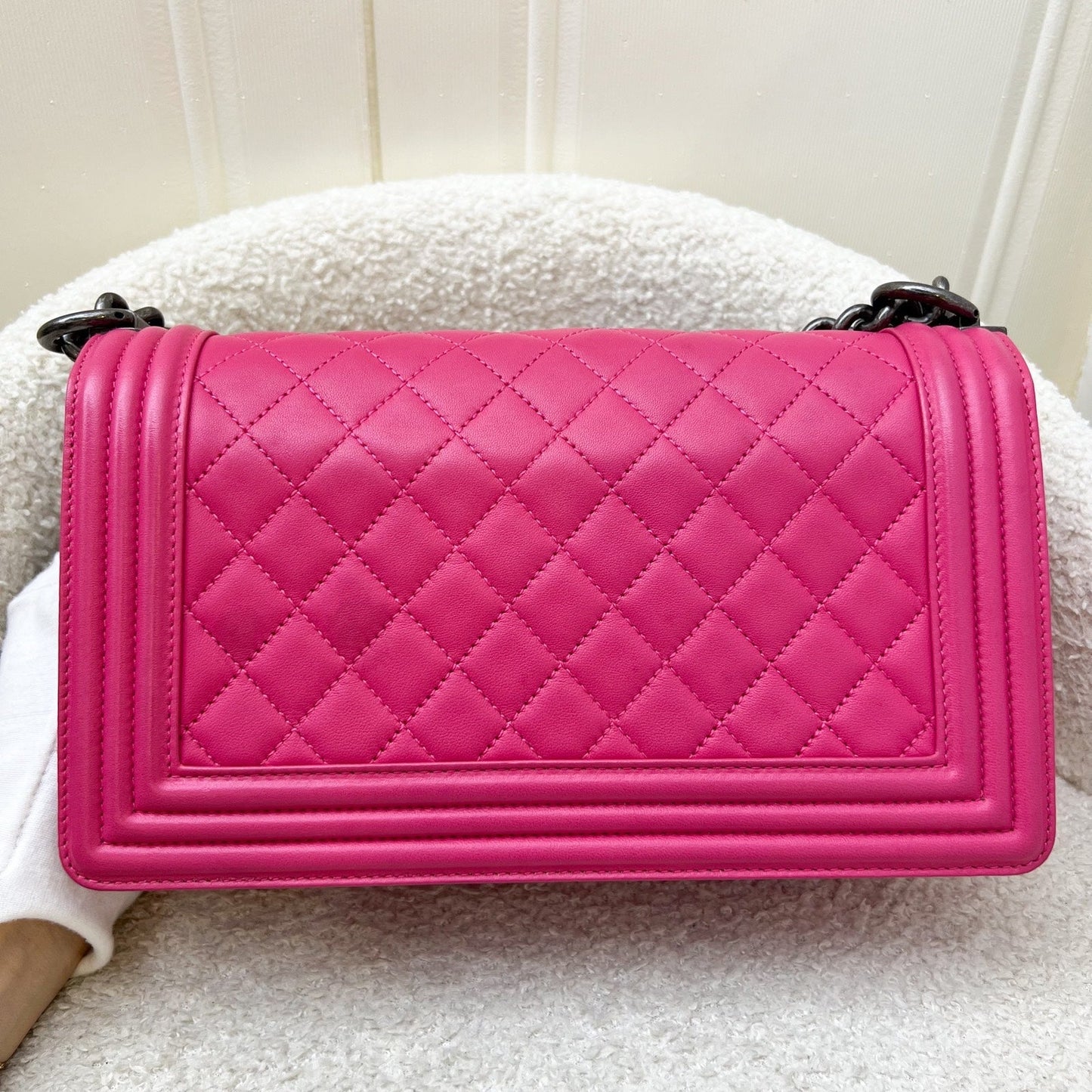Chanel Medium Boy Flap in Hot Pink Lambskin and RHW Accessory