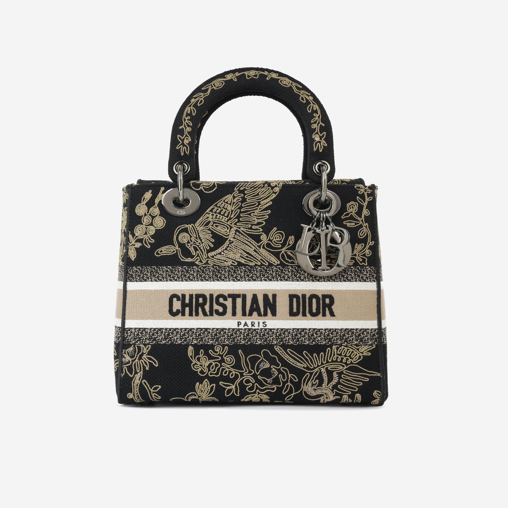 Dior Christian Lady Lite Toile Crossbody Bag Black Medium Embroidered