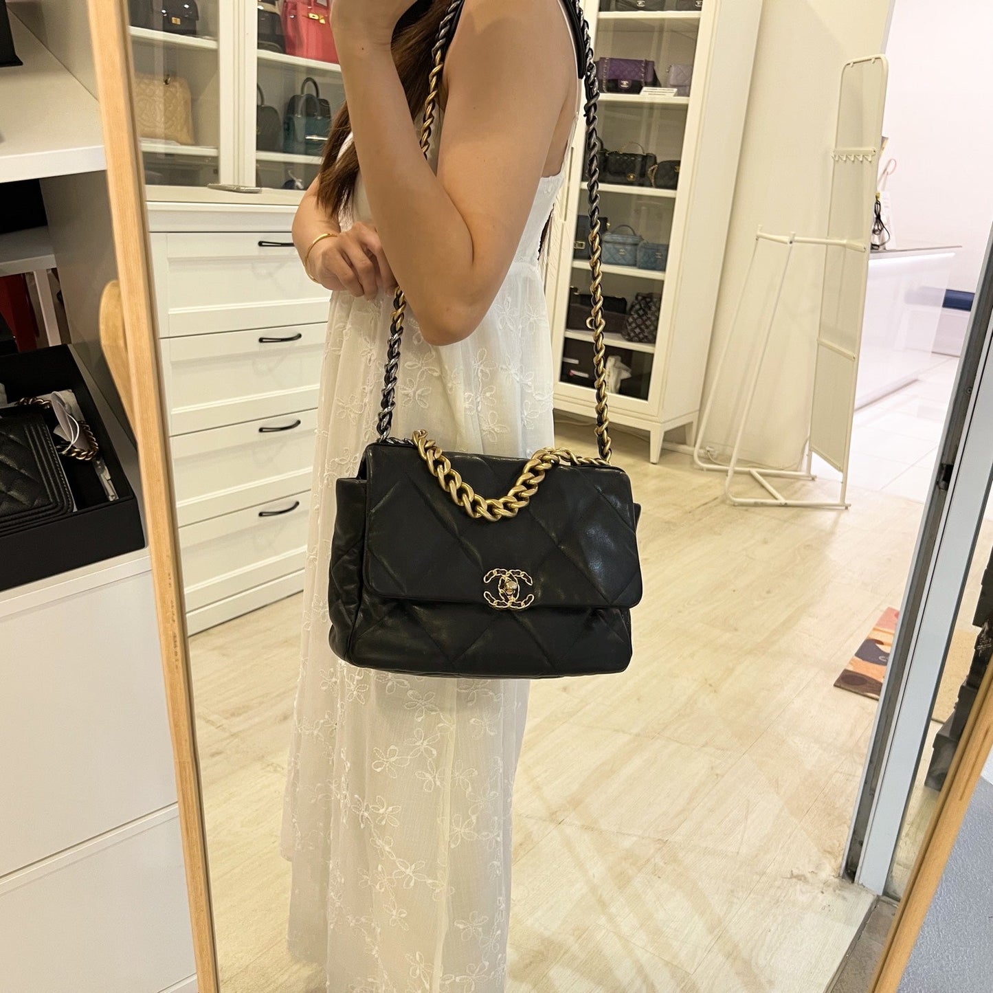 Chanel 19 Medium / Large Flap in Black Lambskin and 3-tone HW Accessory