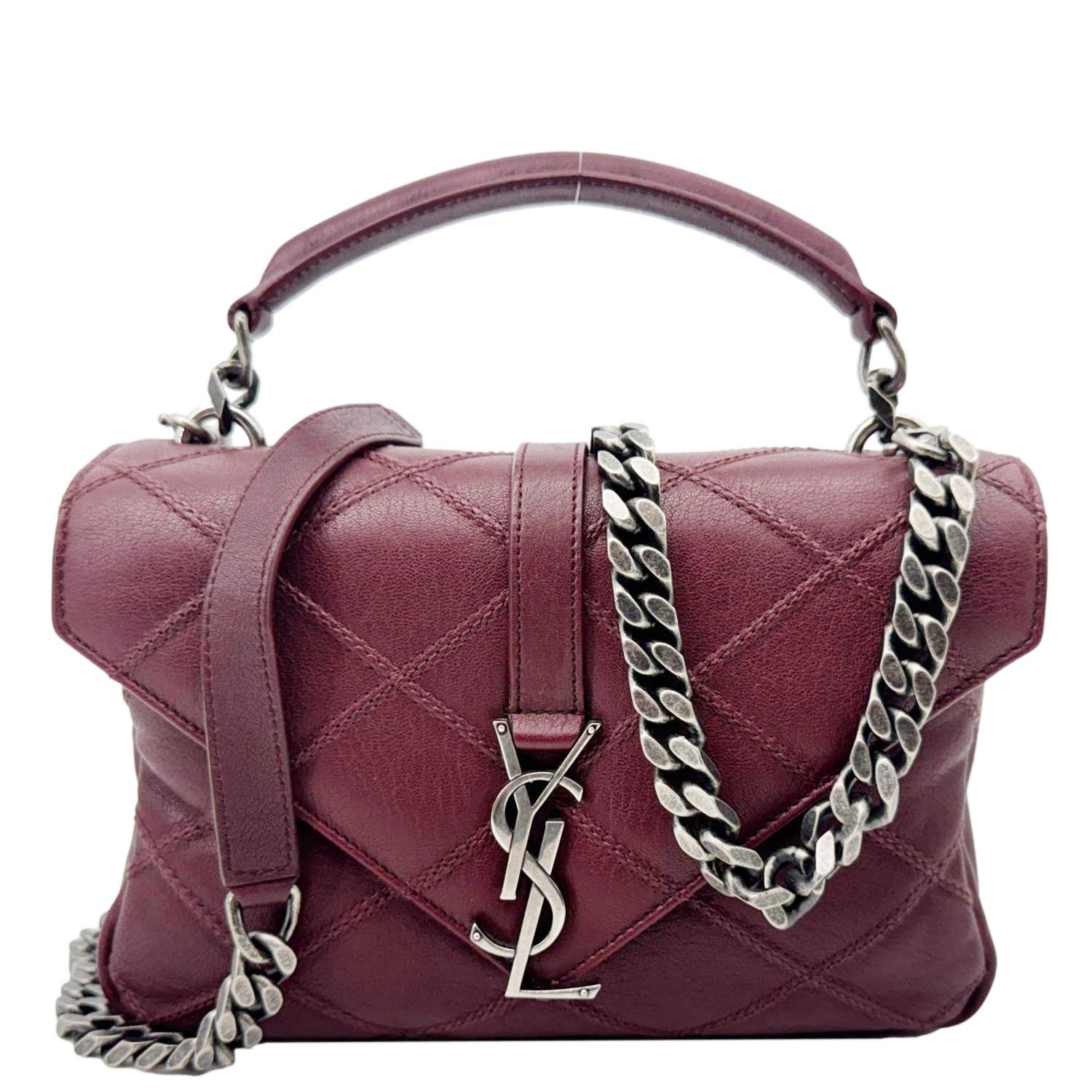 YSL Saint Laurent Yves College Diamond Crossbody Bag Bordeaux Leather Quilted Medium