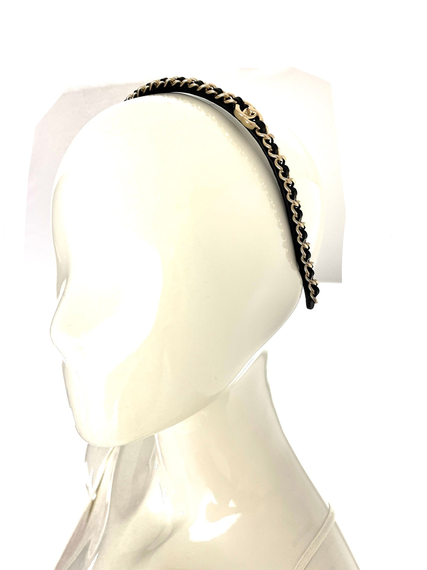 Chanel Hollywood Hills Black Chain Link Leather CC Logo Headband Accessory
