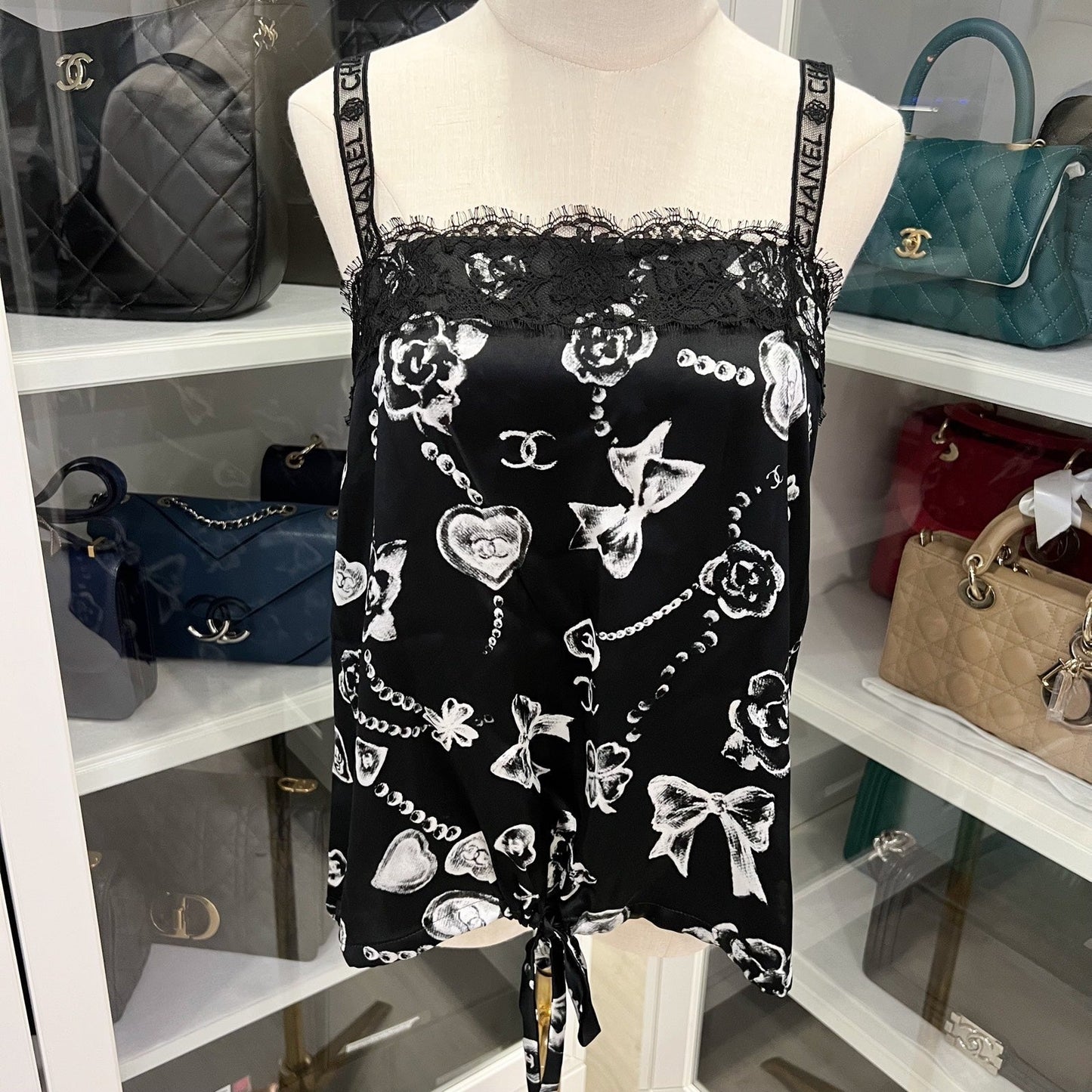 Chanel Camisole Top in Black Silk with White Prints Sz 38 Accessory