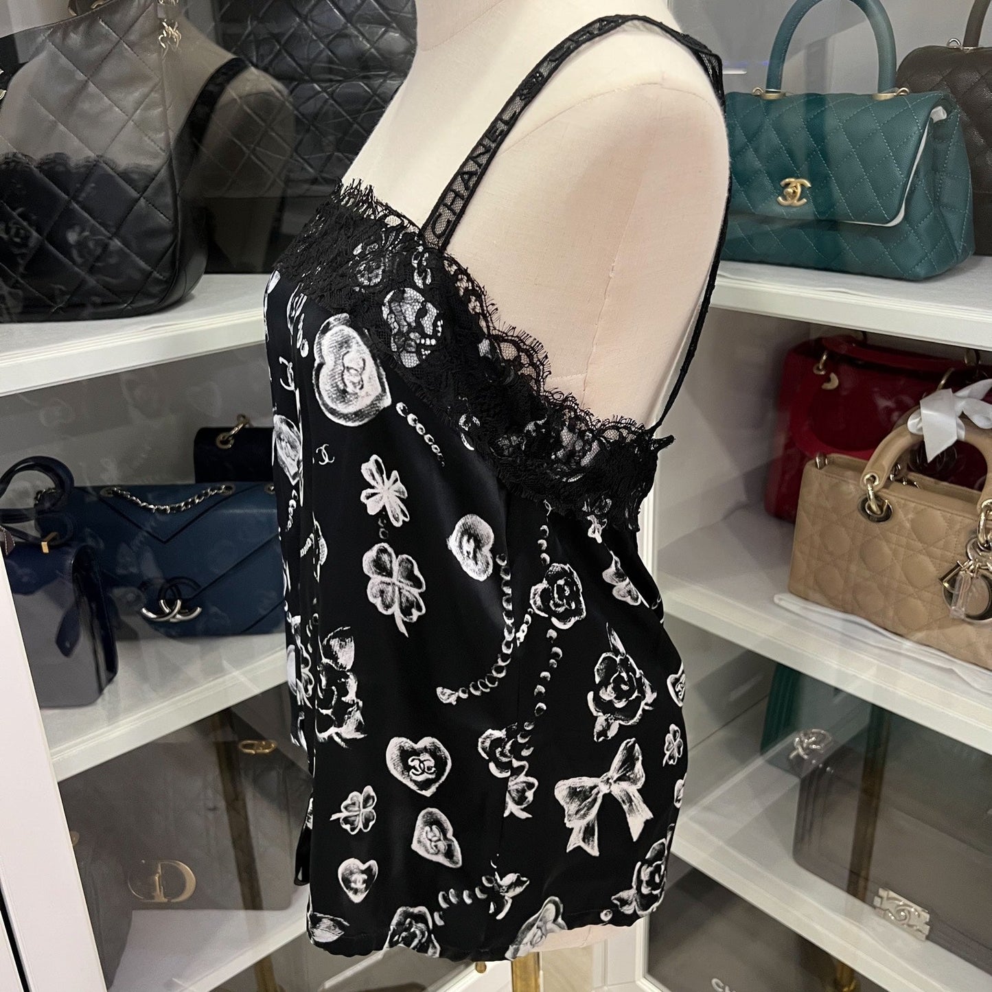 Chanel Camisole Top in Black Silk with White Prints Sz 38 Accessory
