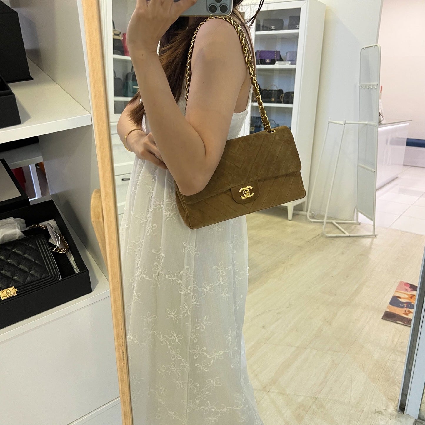 Chanel Medium Classic Flap CF in Brown Suede and Gold Plated HW Accessory