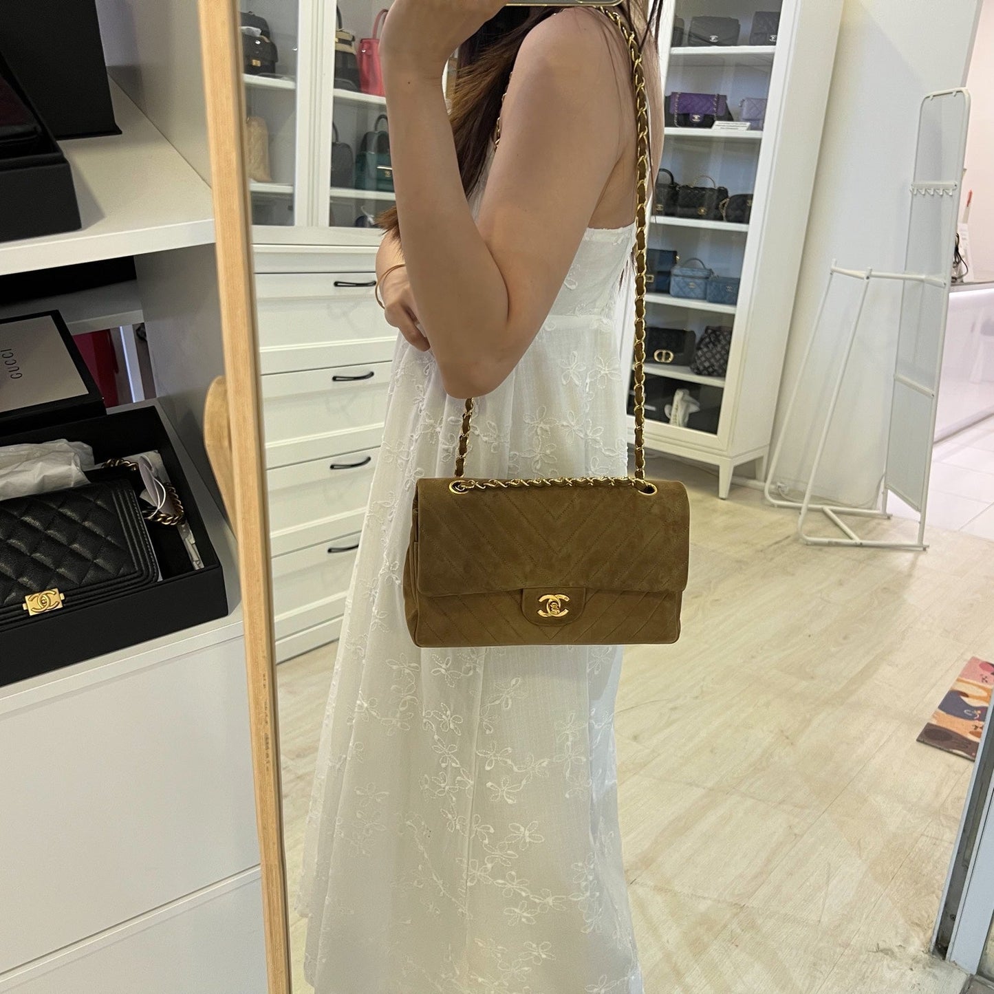 Chanel Medium Classic Flap CF in Brown Suede and Gold Plated HW Accessory