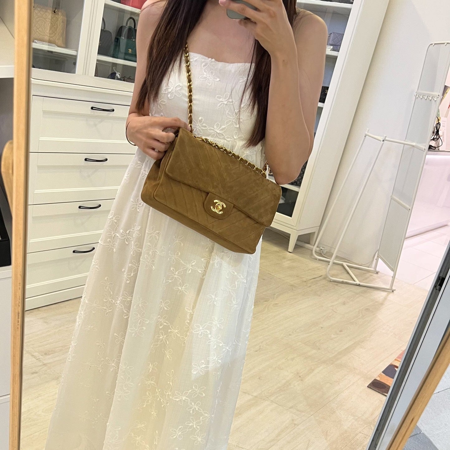 Chanel Medium Classic Flap CF in Brown Suede and Gold Plated HW Accessory