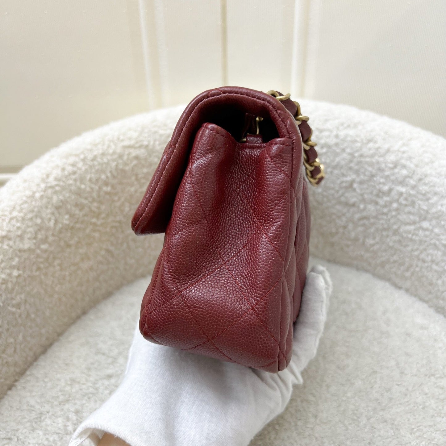 Chanel Classic Mini Rectangle Flap in Iridescent Burgundy Red Caviar and AGHW Accessory