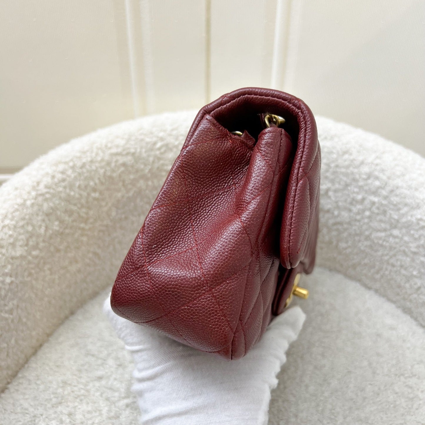Chanel Classic Mini Rectangle Flap in Iridescent Burgundy Red Caviar and AGHW Accessory