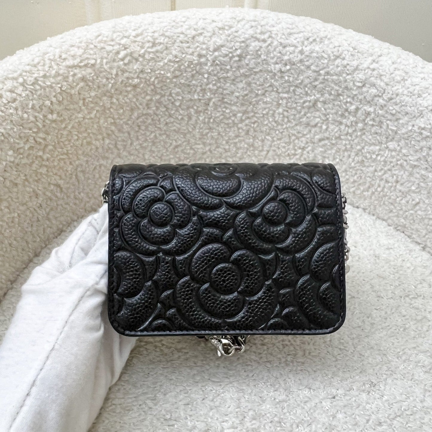 Chanel Camellia Micro Flap / Clutch on Chain Belt Bag in Black Caviar and SHW