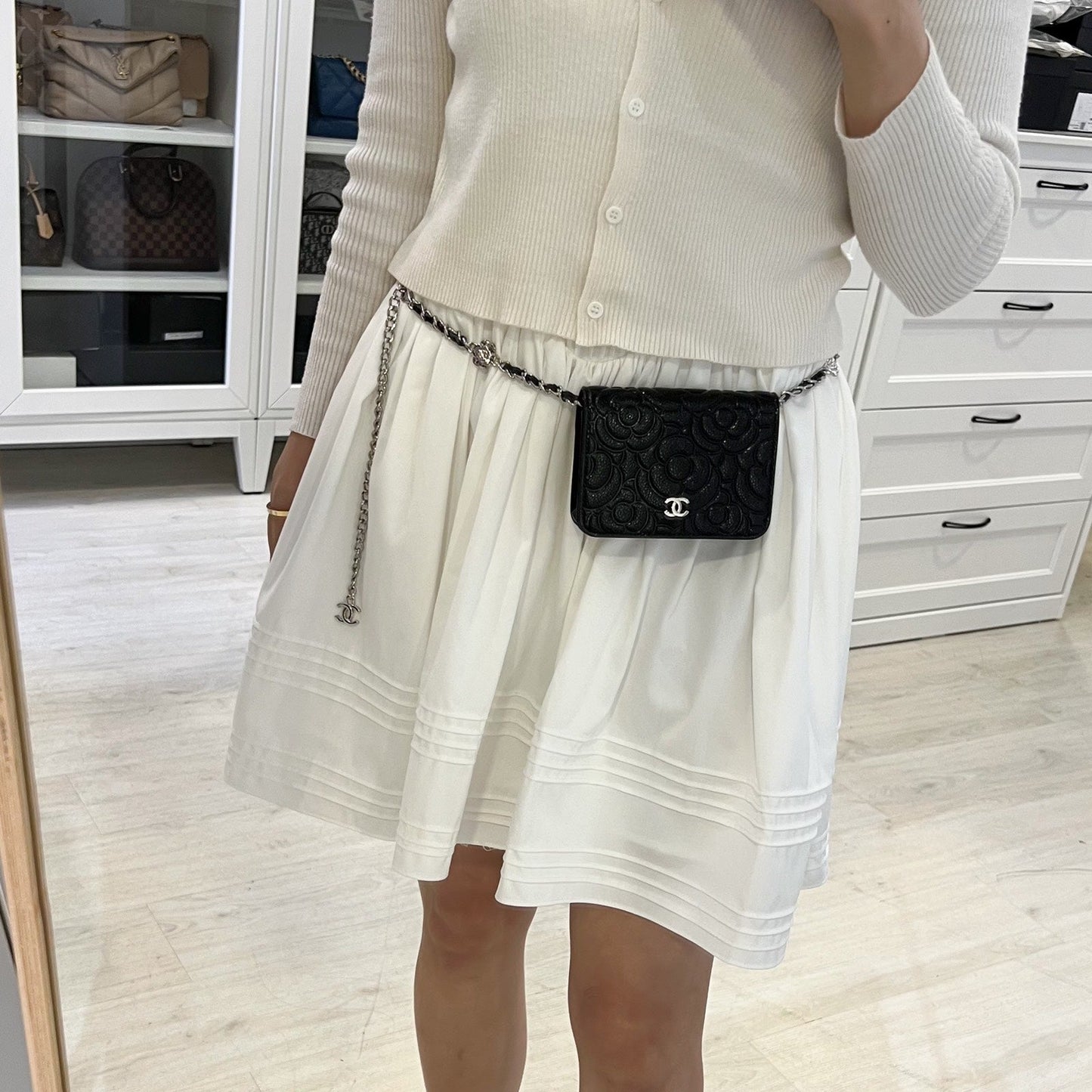 Chanel Camellia Micro Flap / Clutch on Chain Belt Bag in Black Caviar and SHW
