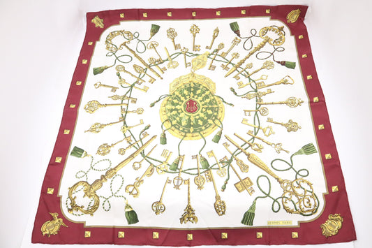 Hermes Les Clefs Carre In Burgundy & Silk Cream Travel Bag