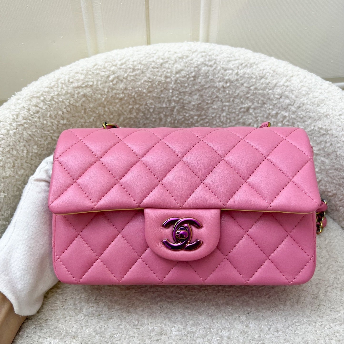Chanel Classic Mini Rectangle Flap in Pink / Yellow Lambskin and Rainbow HW Accessory
