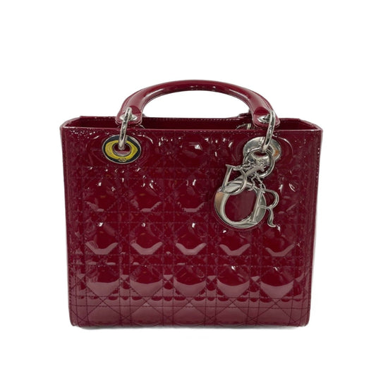Dior Lady Burgundy Patent Handbag Hardware Leather Silver Travel Bag