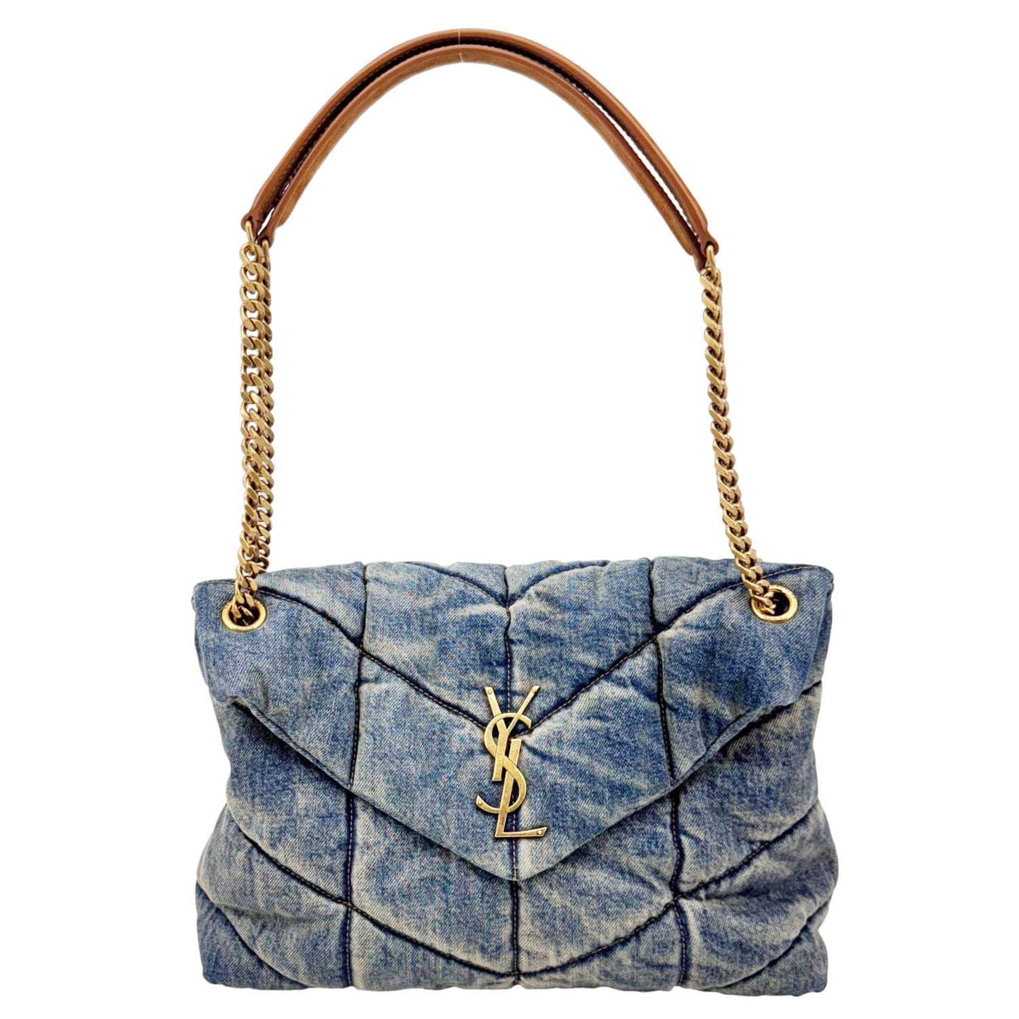 YSL Saint Laurent Yves Loulou Puffer Shoulder Bag Denim Quilted Blue