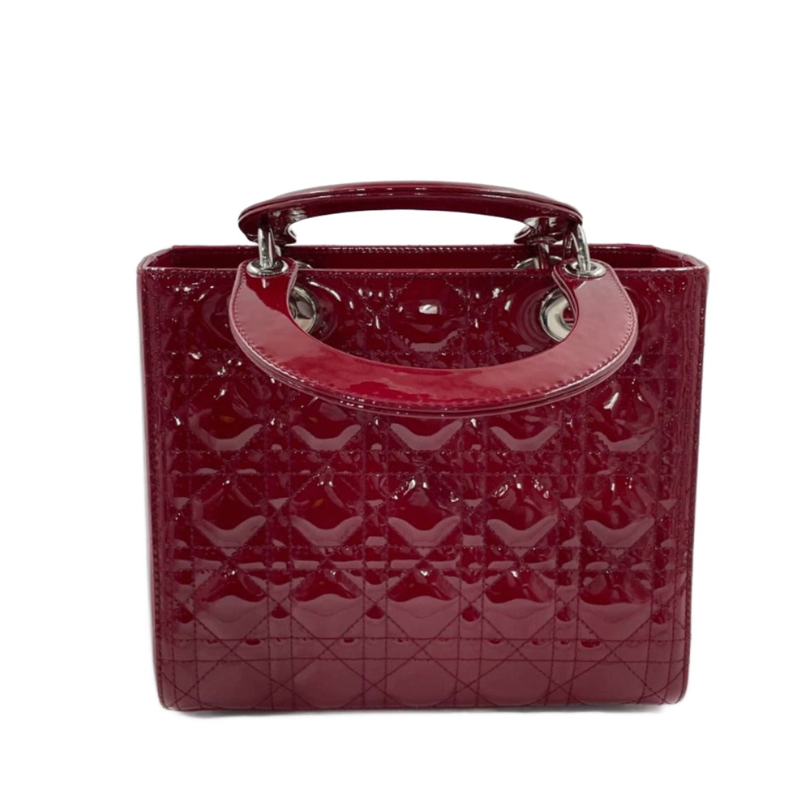 Dior Lady Burgundy Patent Handbag Hardware Leather Silver Travel Bag
