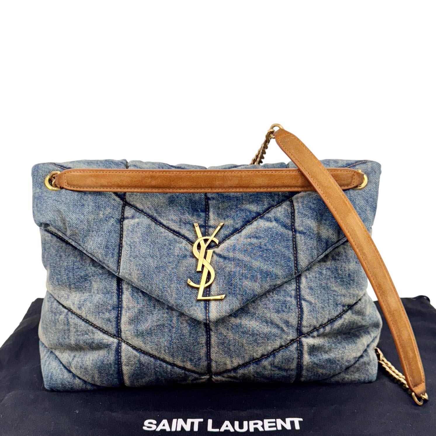 YSL Saint Laurent Yves Loulou Puffer Shoulder Bag Denim Quilted Blue