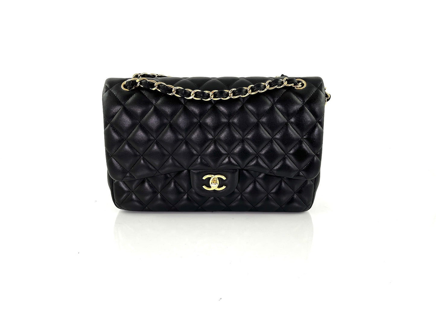 Chanel Black Lambskin Jumbo Quilted Gold Hardware Classic Double Flap Bag