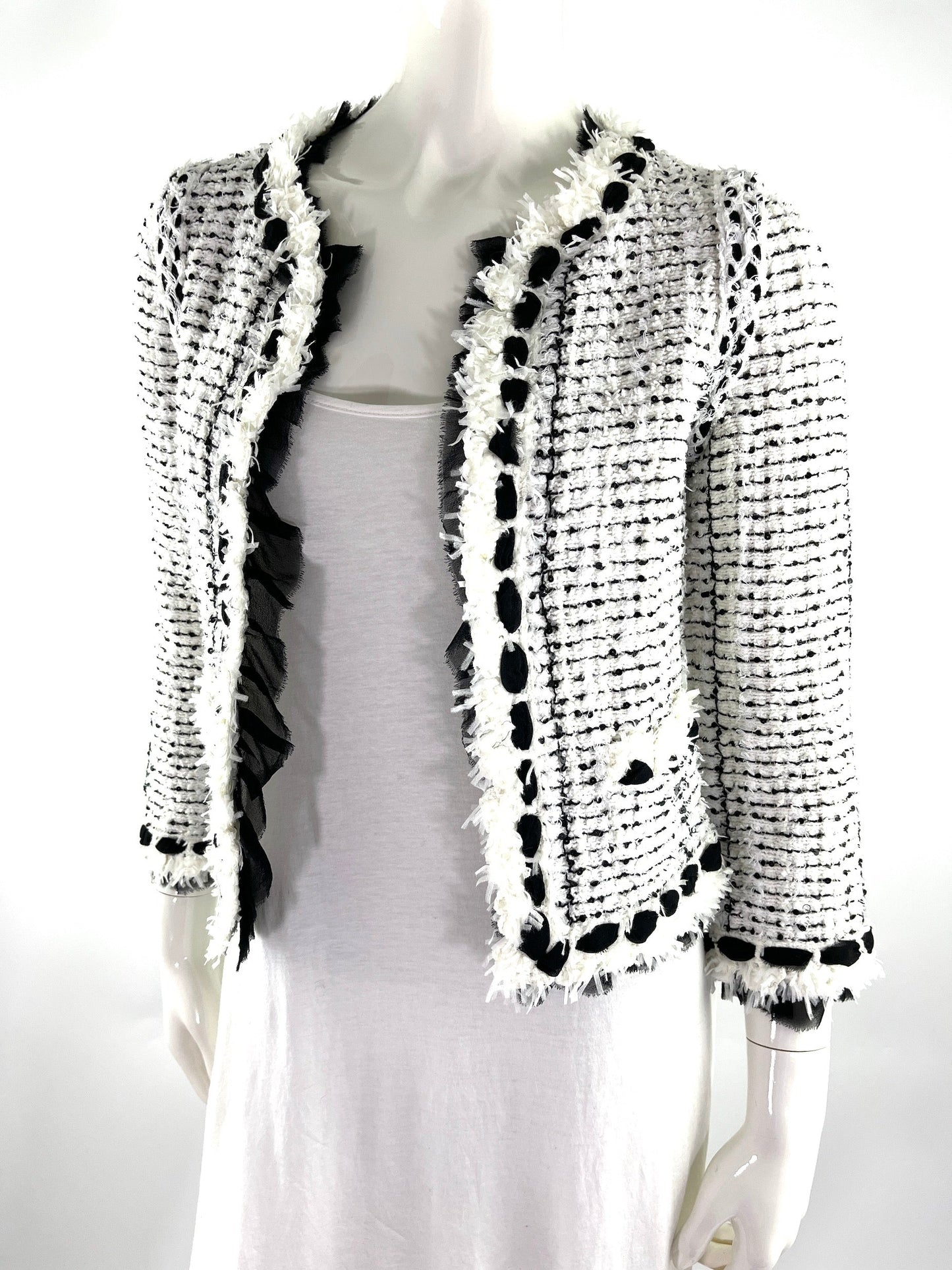 Chanel Tweed Sequined Collarless Black White 2005 Open Jacket 38 4
