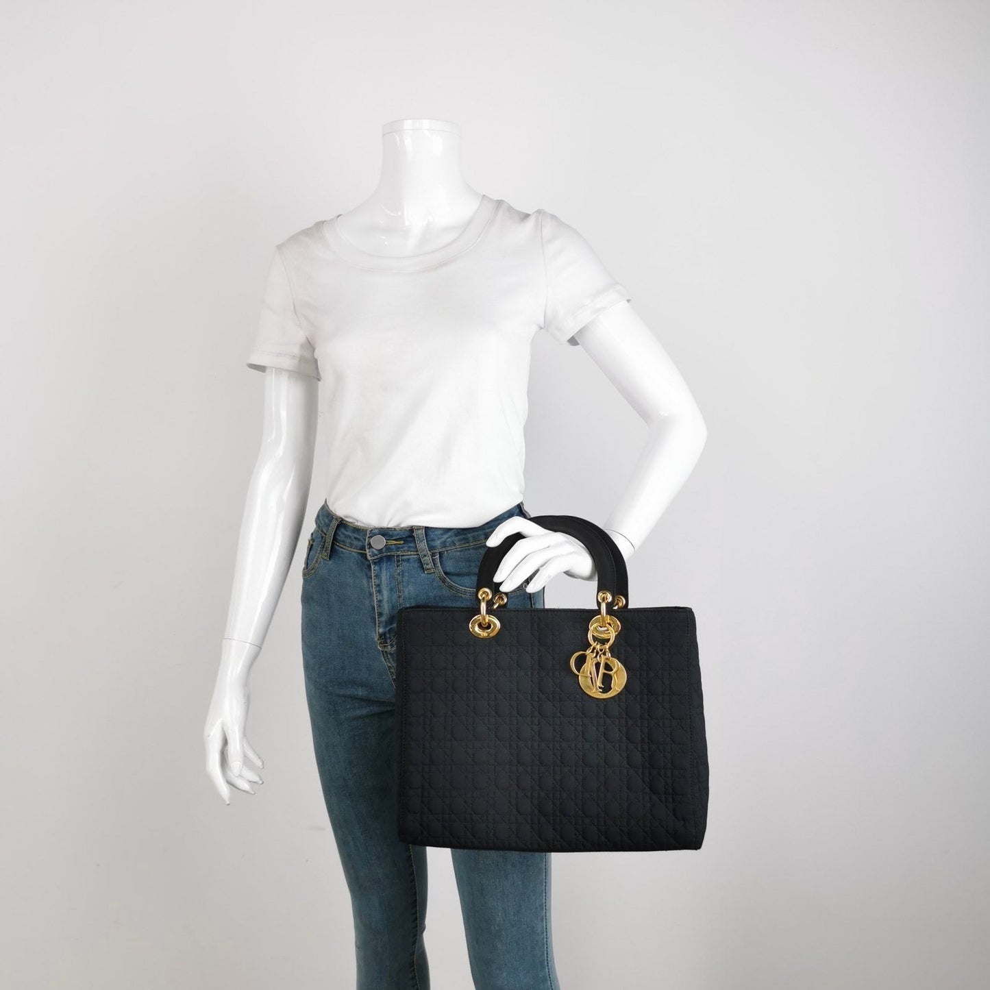 Dior Lady Cloth With Yellow Tone Hardware Handbag Black Gold Travel Bag Hardware Handbag